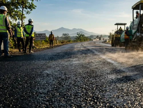 Pekerjaan penghamparan lataston saat proses pengaspalan jalan berlangsung