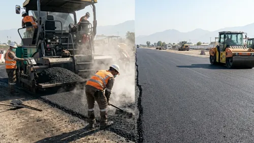 Proses pengerjaan lataston oleh pekerja saat pengaspalan jalan