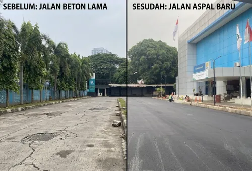 Before–after jalan sebelum pengaspalan yang berlubang dan setelah diperbaiki menggunakan aspal Shell hingga menjadi mulus dan rata.
