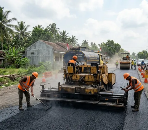 campuran material aspal dan agregat di proyek jalan