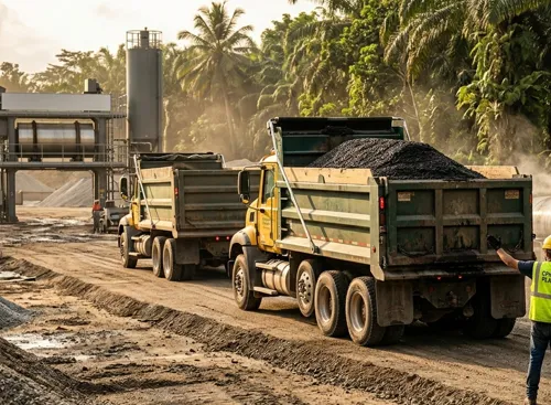 Pekerjaan perbaikan jalan dengan CPHMA aspal oleh tim konstruksi
