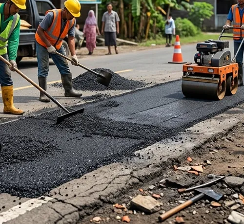 Proses pengaspalan jalan menggunakan CPHMA aspal di lapangan