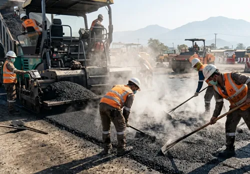 Proses pengaspalan jalan menggunakan lataston di lapangan