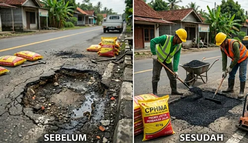 Before after jalan rusak diperbaiki menggunakan CPHMA aspal dengan hasil lebih rata dan kuat