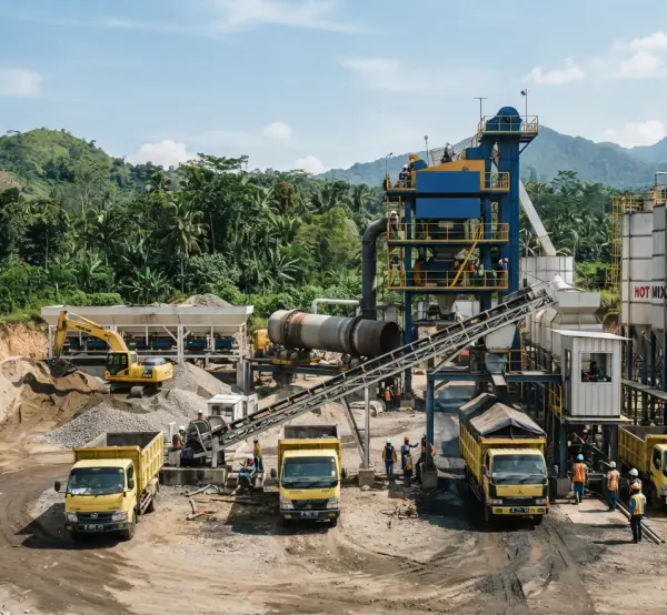 Pengolahan material hotmix di pabrik aspal Bekasi