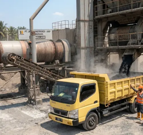 Pekerja memantau proses produksi hotmix di AMP Serang