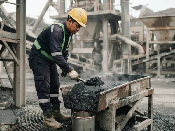 Proses pencampuran material aspal di AMP Sumedang