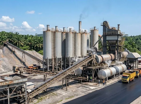 Proses produksi aspal hotmix di Pabrik Aspal Tangerang menggunakan mesin AMP modern untuk menjaga kualitas campuran.
